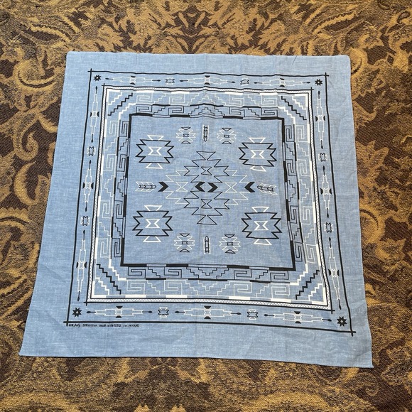Accessories - vintage 80s western-themed print fabric bandanna Blue Geometric
